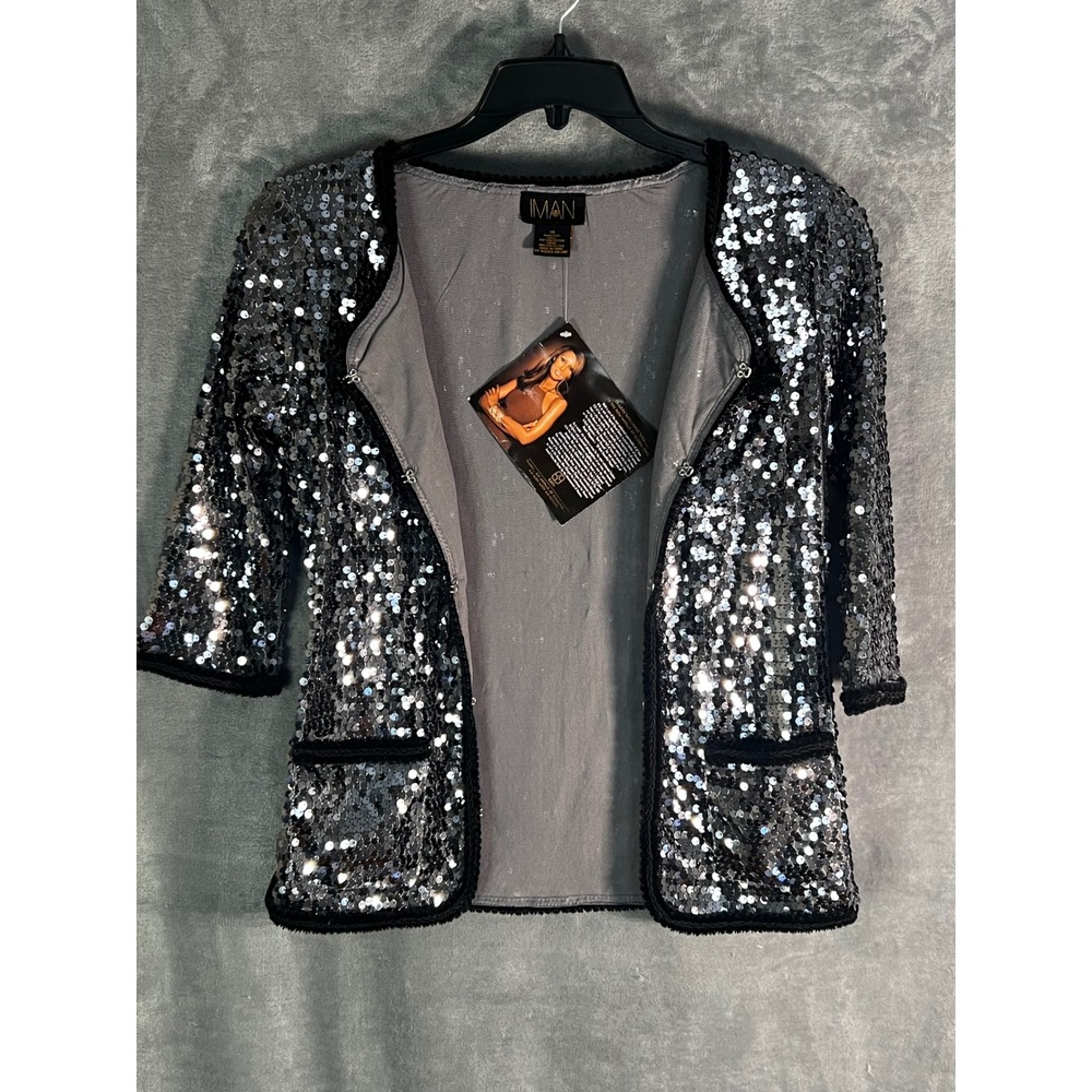 IMAN XS Silver Sequin Open Front Jacket Black Trim 3/4 Sleeve NWT Holiday